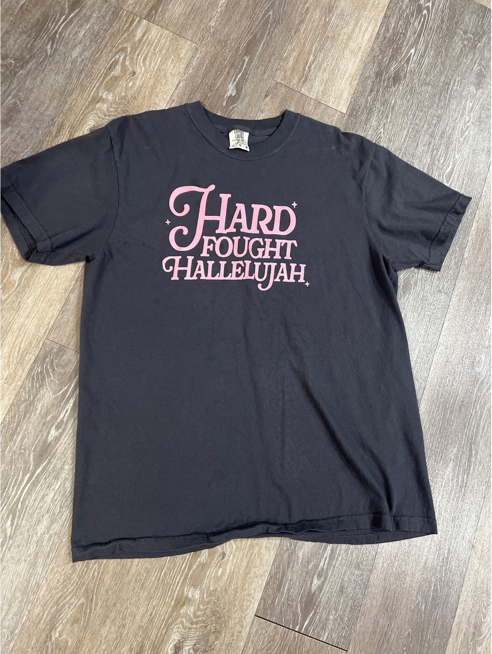 Comfort Colors grey Heavyweight Cotton T-Shirt with Pink 'Hard Fought Halleluj'